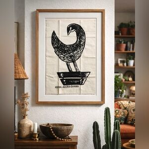 Vintage Ghanaian Hand-Printed Textile Wall Art Bird Boat Accra African